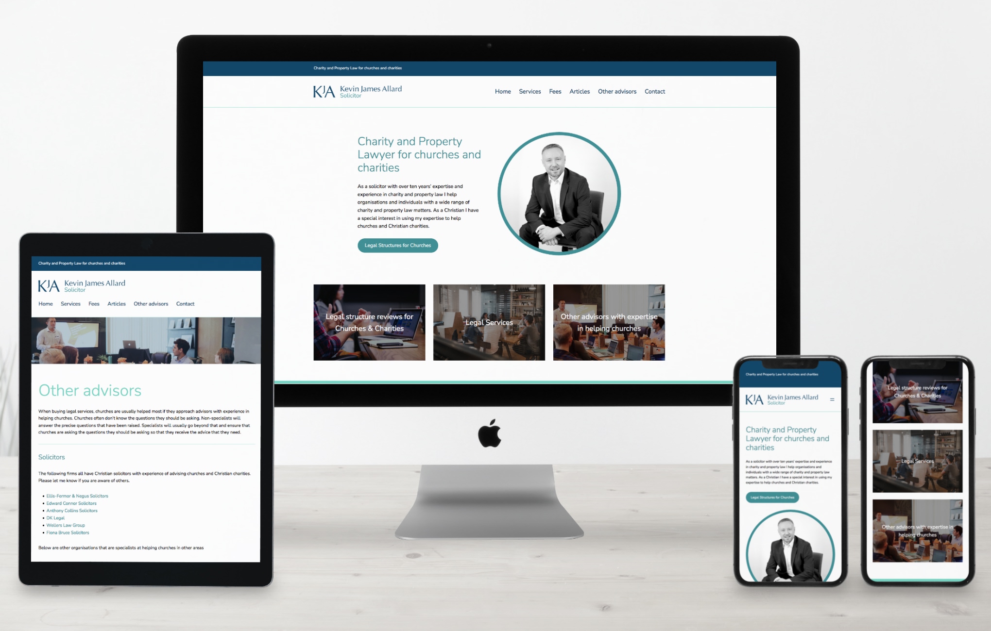 Kevin James Allard Solicitor website. Creating a simple content managed website along with the business branding and photography 